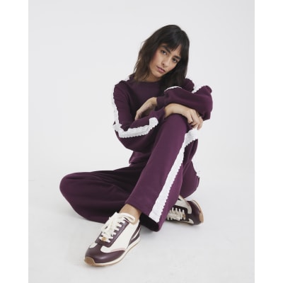 Red Lace Trim Wide Leg Joggers