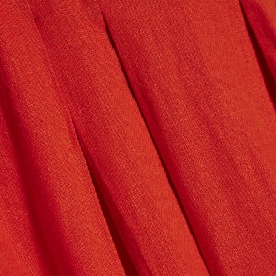 Red Linen Blend Shirred Midi Dress