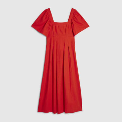 Red Linen Blend Shirred Midi Dress