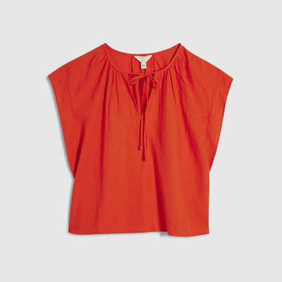 Red Linen Blend Tie Neck Top