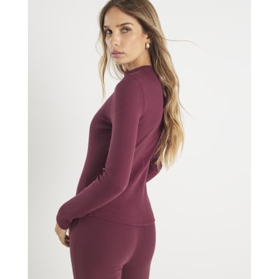 Red Long Sleeve Crew Neck Ribbed Top