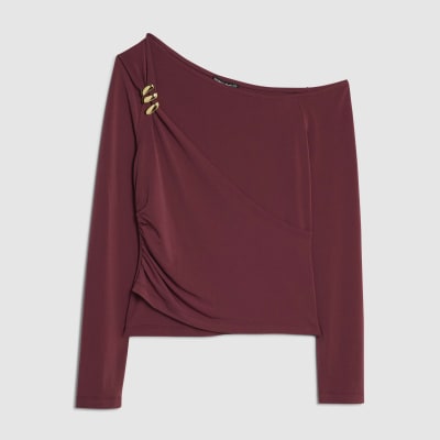Red Long Sleeve Gold Detail Asymmetric Top