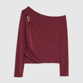 Red Long Sleeve Gold Detail Asymmetric Top
