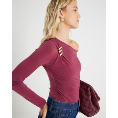 Red Long Sleeve Gold Detail Asymmetric Top