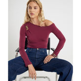 Red Long Sleeve Gold Detail Asymmetric Top