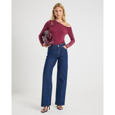 Red Long Sleeve Gold Detail Asymmetric Top