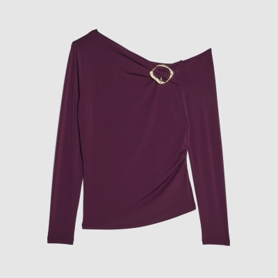 Red Long Sleeve Gold Trim Drape Top