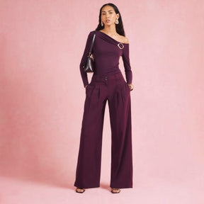 Red Long Sleeve Gold Trim Drape Top