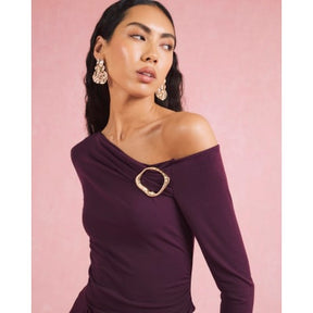 Red Long Sleeve Gold Trim Drape Top