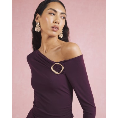 Red Long Sleeve Gold Trim Drape Top