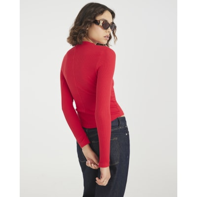 Red Long Sleeve Ribbed Crew Neck Top