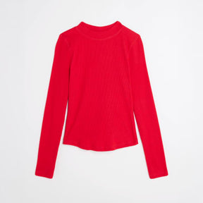 Red Long Sleeve Ribbed Crew Neck Top