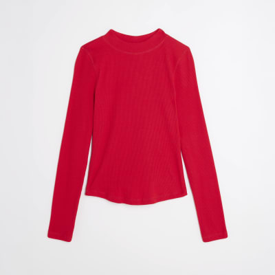 Red Long Sleeve Ribbed Crew Neck Top