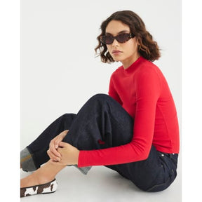 Red Long Sleeve Ribbed Crew Neck Top