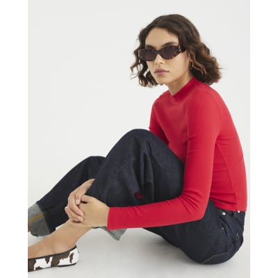 Red Long Sleeve Ribbed Crew Neck Top