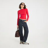 Red Long Sleeve Ribbed Crew Neck Top