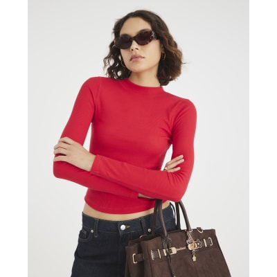 Red Long Sleeve Ribbed Crew Neck Top