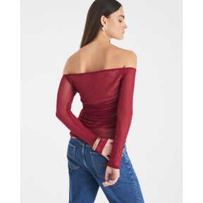 Red Long Sleeve Ruched Mesh Bardot Top