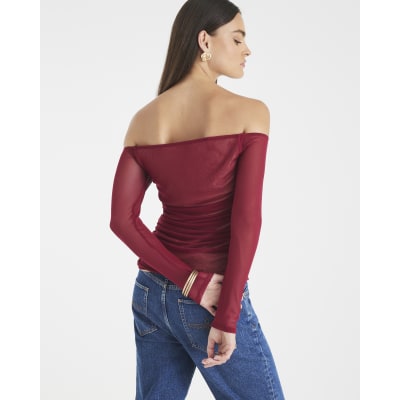 Red Long Sleeve Ruched Mesh Bardot Top