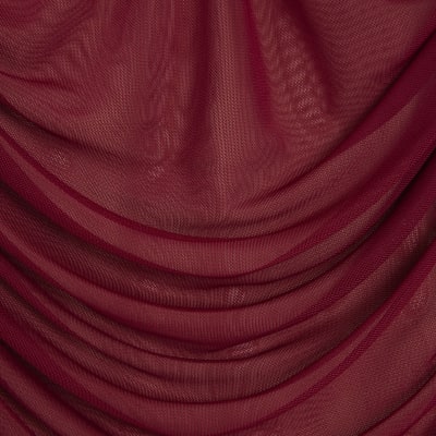 Red Long Sleeve Ruched Mesh Bardot Top