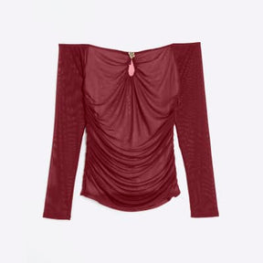 Red Long Sleeve Ruched Mesh Bardot Top