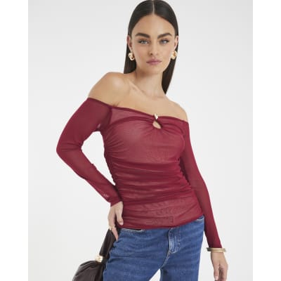 Red Long Sleeve Ruched Mesh Bardot Top
