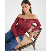 Red Long Sleeve Ruched Mesh Bardot Top