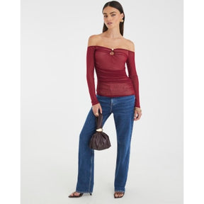 Red Long Sleeve Ruched Mesh Bardot Top