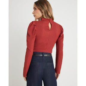 Red Long Sleeve Ruched Shoulder Textured Top