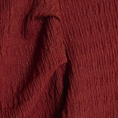 Red Long Sleeve Ruched Shoulder Textured Top