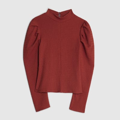 Red Long Sleeve Ruched Shoulder Textured Top