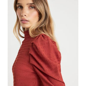 Red Long Sleeve Ruched Shoulder Textured Top