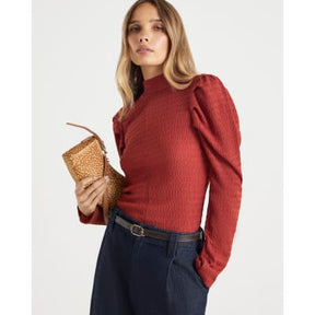 Red Long Sleeve Ruched Shoulder Textured Top