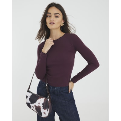 Red Long Sleeve Scallop Trim Top