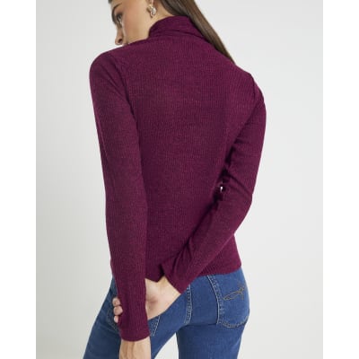 Red Long Sleeve Scarf Neck Ribbed Top