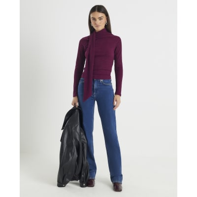 Red Long Sleeve Scarf Neck Ribbed Top