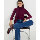 Red Long Sleeve Scarf Neck Ribbed Top
