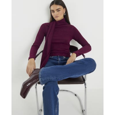 Red Long Sleeve Scarf Neck Ribbed Top