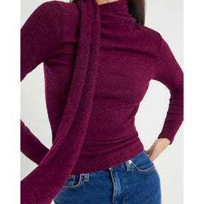 Red Long Sleeve Scarf Neck Ribbed Top