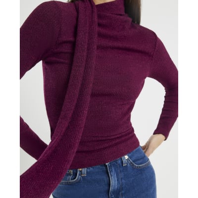 Red Long Sleeve Scarf Neck Ribbed Top