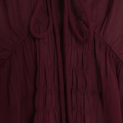 Red Long Sleeve Smocked Blouse