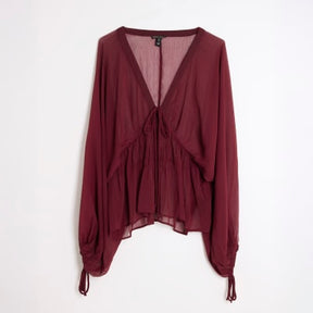 Red Long Sleeve Smocked Blouse