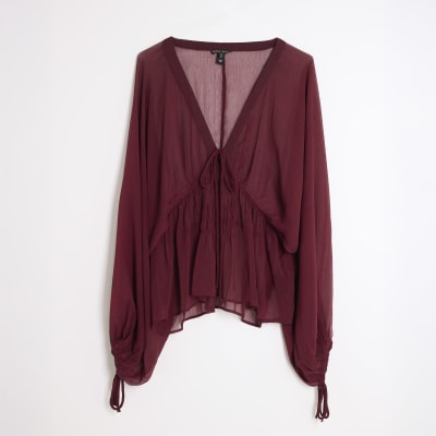 Red Long Sleeve Smocked Blouse