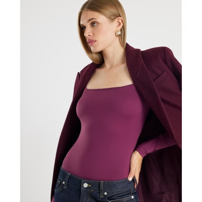 Red Long Sleeve Square Neck Bodysuit