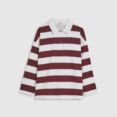 Red Long Sleeve Striped Rugby Top