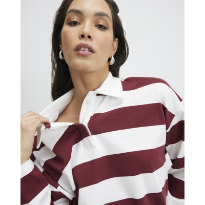 Red Long Sleeve Striped Rugby Top