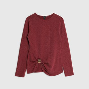 Red Long Sleeve Textured Gold Detail Top