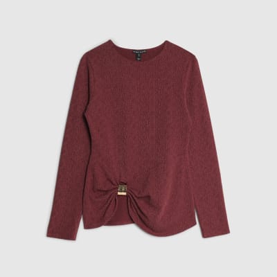 Red Long Sleeve Textured Gold Detail Top
