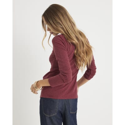 Red Long Sleeve Textured Gold Detail Top