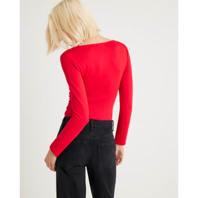 Red Long Sleeve V Neck Ruched Side Bodysuit